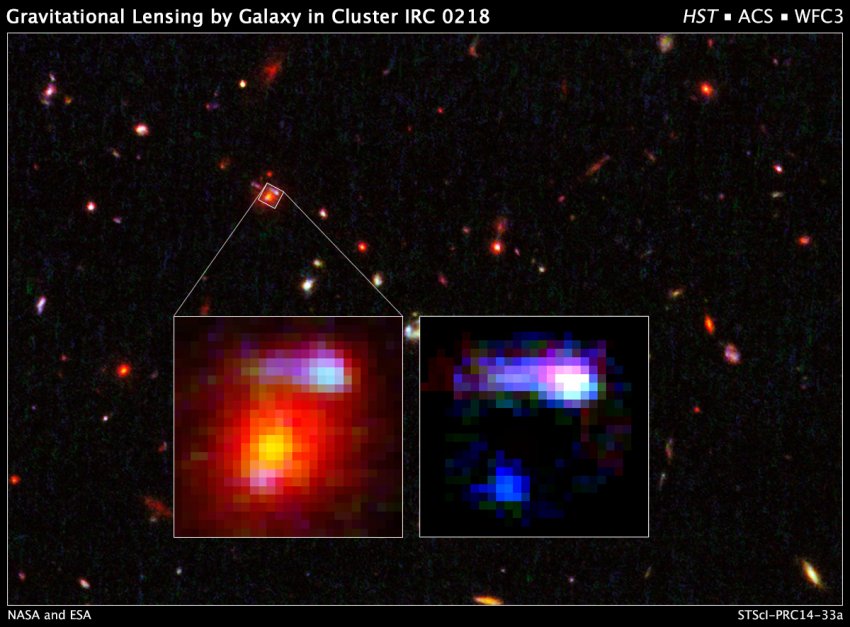 От ляво се вижда гигантската галактика лупа, а зад нея - спираловидната галактика. сн. НАСА