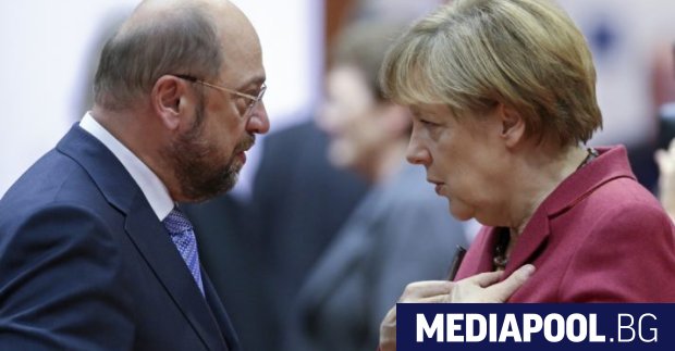 Лидерите на двете партии Мартин Шулц и Ангела Меркел Преговори