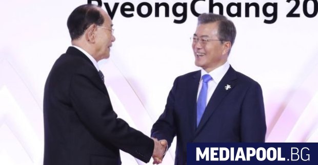 Ким Йон нам и южнокорейския президент Мун Дже ин дясно се ръкуват