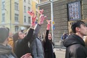 протест пред НАТФИЗ трите прасенца
