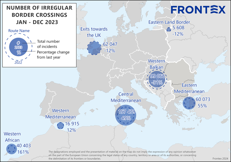 Данни на Frontex за незаконното преминаване през 2023 г.