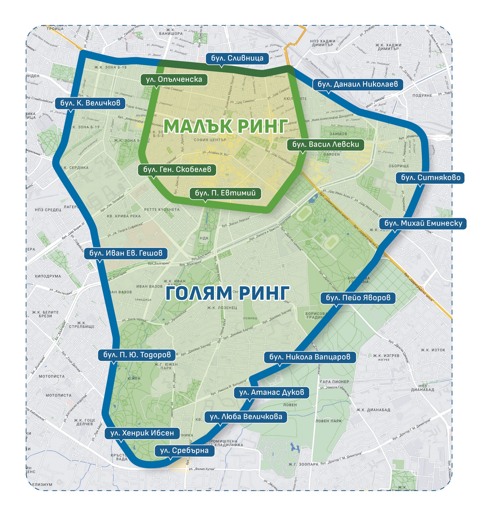 карта на нискоемисионните зони в София.