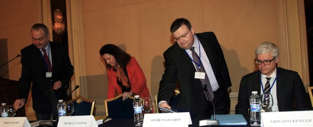 Борис Велчев, Мишел Конинкс, Сотир Цацаров и Джовани Кеслер (отляво надясно) по време на конференцията за създаването на европрокуратура. Сн.: БГНЕС