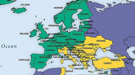 Карта на Европа с оценката за свободата на медиите - в зелено са държавите със свободни медии, в жълта - с частично свободни, а във виолотево - с несвободни