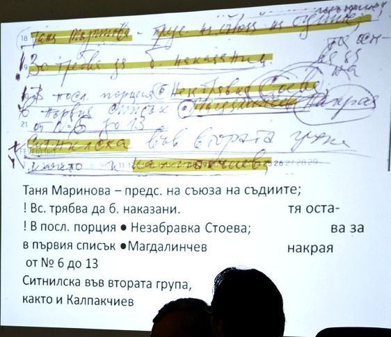 Част от подбраните пасажи от тефтерчето на Филип Златанов, прожектирани от прокуратурата. Сн.: БГНЕС