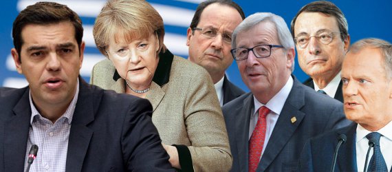 Гръцкият премиер Алексис Ципрас, германският канцлер Ангела Меркел, президентът на Франция Франсоа Оланд, председателят на ЕК Жан-Клод Юнкер, президентът на ЕЦБ Марио Драги и председателя на Европейския съвет Доналд Туск