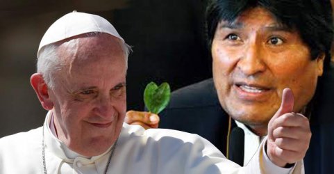 Фотоколаж, на който зад папата се вижда президентът на Боливия Ево Моралес