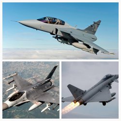 Военното министерство избира между три възможности - изтребители втора ръка F-16 от Португалия и САЩ, изтребители втора ръка Eurofighter от Италия и новите шведски Gripen. Колаж: <i>Mediapool.bg</i>