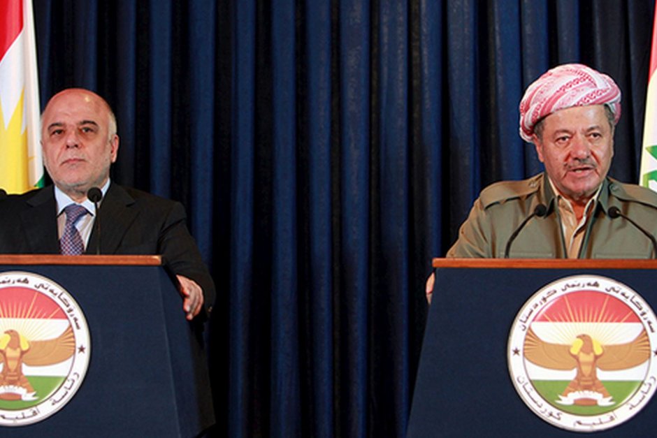 Иракския премиер Хайдер ал Абади и кюрдският президент Масуд Барзани на пресконференция през май 2015 г.