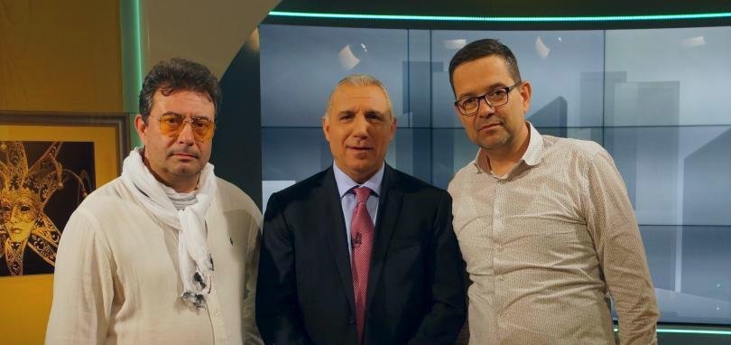 Генералният директор на БНТ Константин Каменаров с Христо Стоичков и спортния журналист Методи Манченко