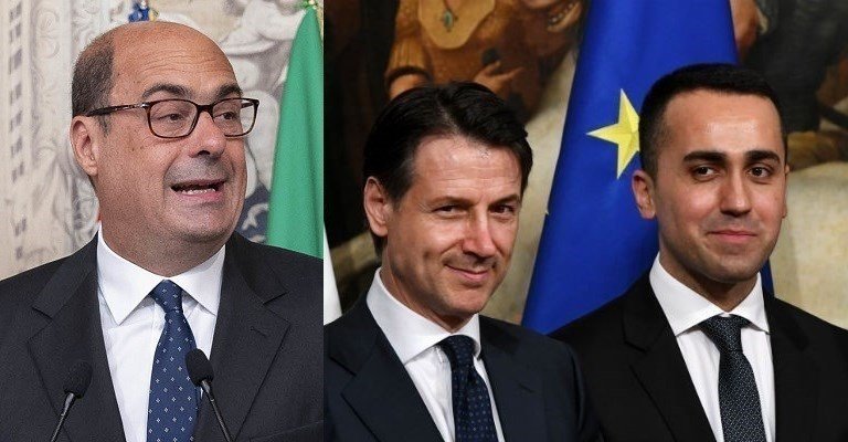 Лидерите на Демократическата партия - Никола Дзингарети (ляво) и на Движение "Пет звезди" - Луиджи Ди майо (дясно) заедно с бившия и вероятен бъдещ премиер Джузепе Конте (в средата)