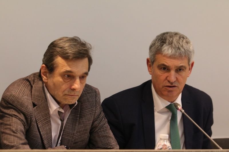 Лидерите на КТ "Подкрепа" и КНСБ Димитър Манолов и Пламен Димитров (отляво надясно). Снимка: БГНЕС