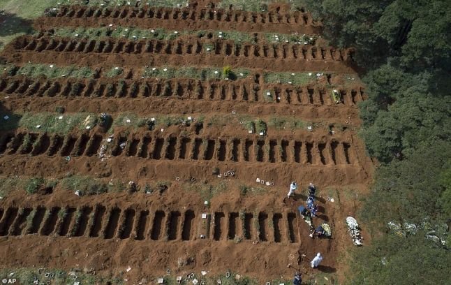 Заснет от дрон в края на април масов гроб край Сао Пауло, предназначен за починали от новия коронавирус.