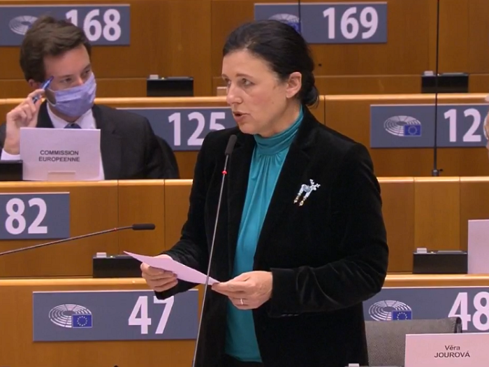 Vêra Jourová speaking during the debate at the European Parliament