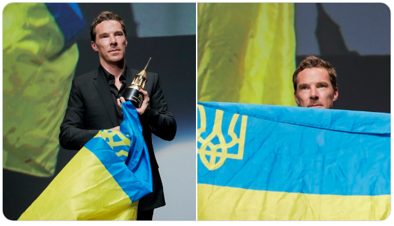Кинозвездата Бенедикт Къмбърбач развя украинския флаг на фестивала в Санта Барбара