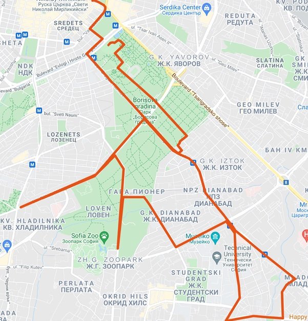 Карта на маршрута на полумаратона в София на 15 май. Източник: Столична община