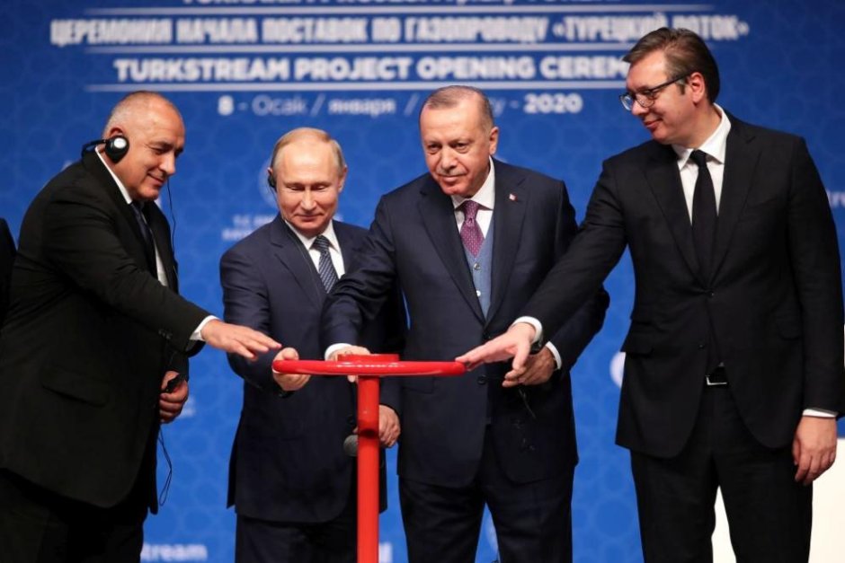 Бойко Борисов, Владимир Путин, Реджеп Ердоган и Александър Вучич дават старт на газопровода "Турски поток". Снимка: БГНЕС