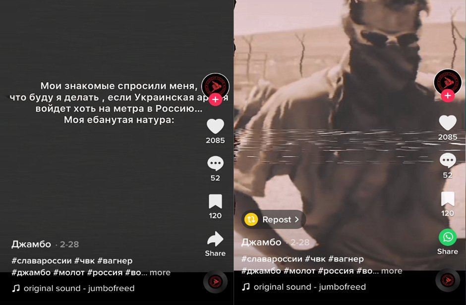 Скрийншот: NewsGuard. В ляво на скрийншота от видео в TikTok, текстът на руски е: " Моите приятели ме питаха какво ще правя, ако украинската армия влезе на метър в Русия". В дясно на същото видео е показан отговорът, а именно кадър на  екзекутора от ЧВК "Вагнер" от 2017 г. в Сирия.