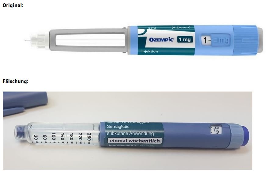 Снимка, разпространена от германския лекарствен регулатор, показва разликите между фалшивата и оригиналната писалка Ozempic.