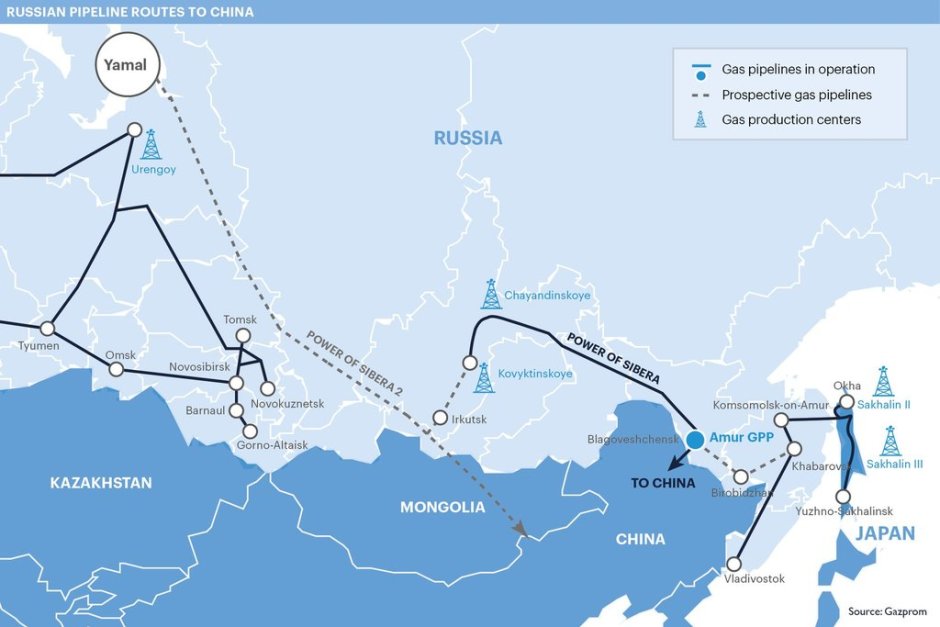 Планираният маршрут на газопровода "Силата на Сибир-2". Източник: "Газпром"