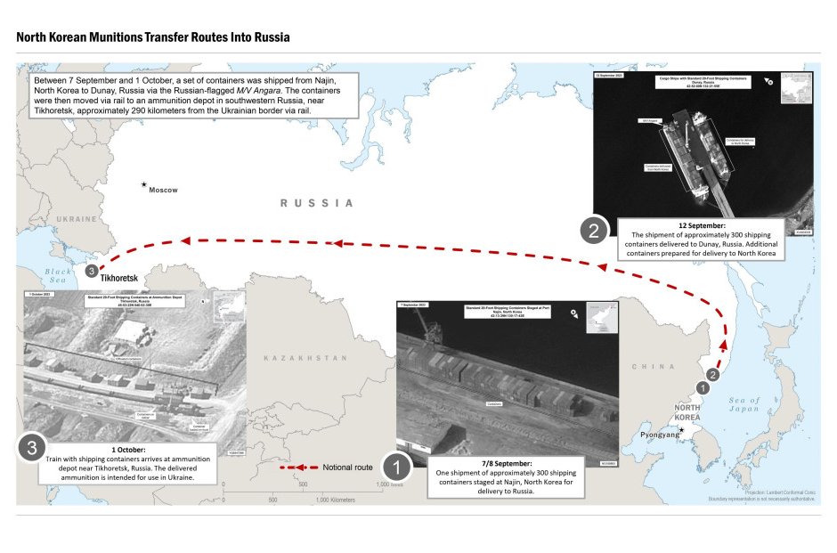 Съветът за национална сигурност на САЩ публикува сателитни снимки от доставката на оръжие от Северна Корея за Русия. (1) показва севернокорейското пристанище Наджин, откъдето товарни контейнери са изпратени по море; (2) показва мястото, на което са пристигнали контейнерите; (3) показва депо за боеприпаси близо до украинската граница, където контейнерите са доставени с железопътен транспорт. Илюстрацияга е на Съвета за национална сигурност на САЩ