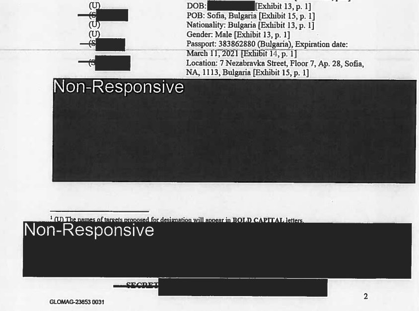 Така изглеждат част от страниците от досието на Делян Пеевски по закона на САЩ "Магнитски", изготвено от службата OFAC. Част от доказателствата за корупция са засекретени.