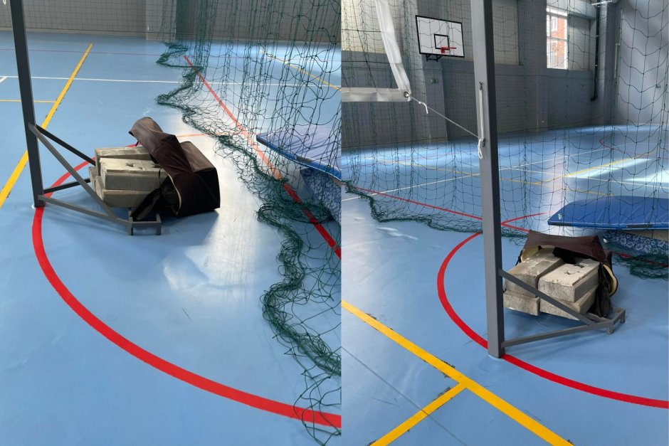 Тъй като не е предвиден начин за закрепване на волейболните мрежи в новия спортен салон на Френската гимназия в София, те са подпрени с бетонни бордюри. Сн. "Спаси София"