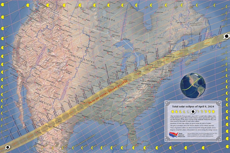 Карта на пътя на слънчевото затъмнение на 8 април 2024, което ще може да се наблюдава в Северна Америка. НАСА